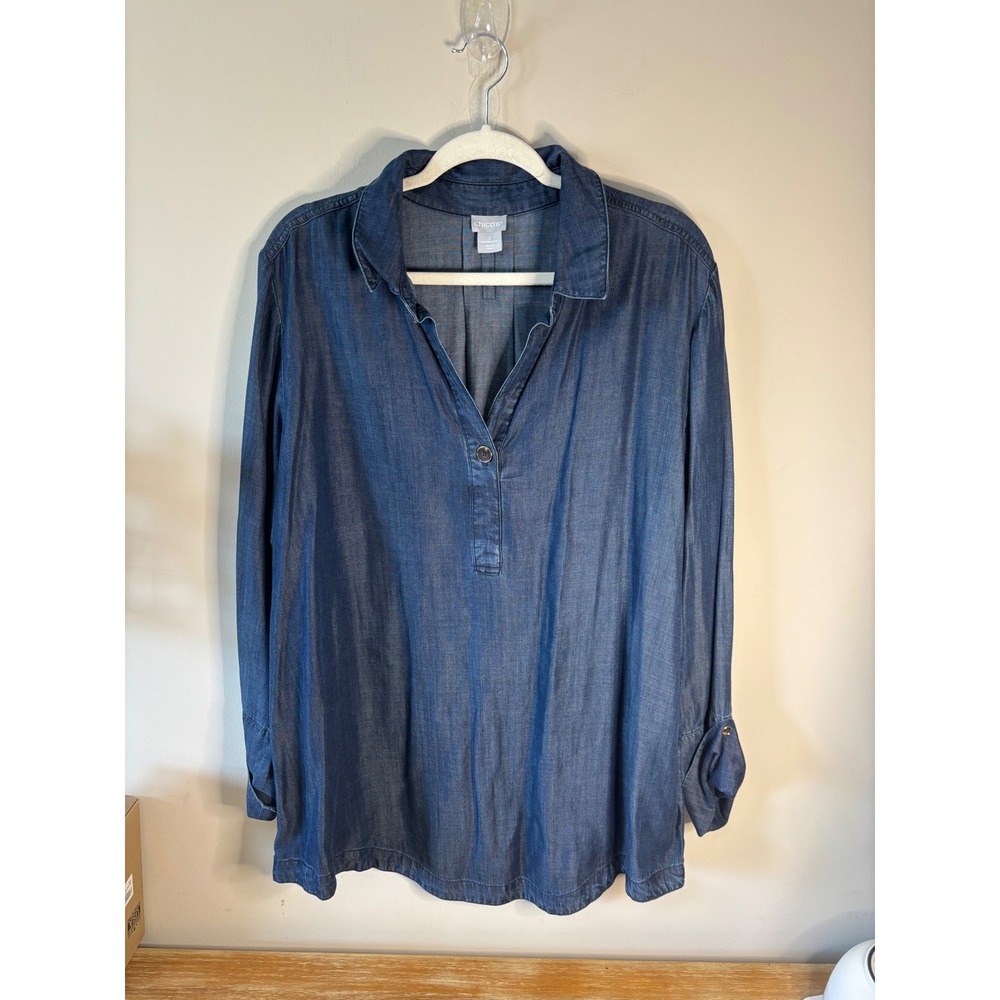 Chico's Tencel‎ Lyocell Blue Denim Henley Tunic Roll Tab Sleeve Top Size 3 XL